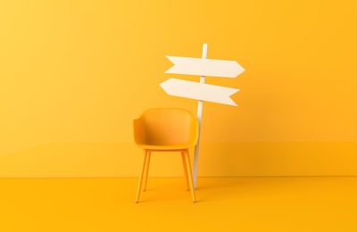 Office Chair With Blank Direction Sign Post Arrow Career Change Development Concept 3d Rendering